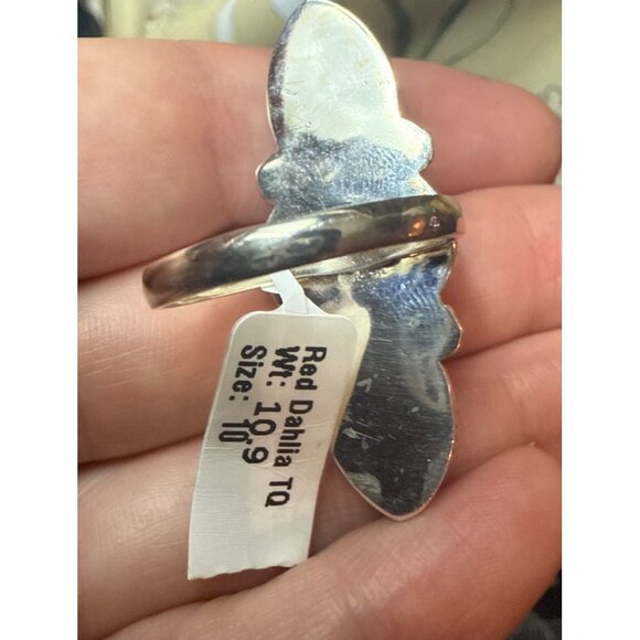 Red Dahlia Turquoise Sterling Silver Closed Back Ring Size 10 - Picture 4 of 5